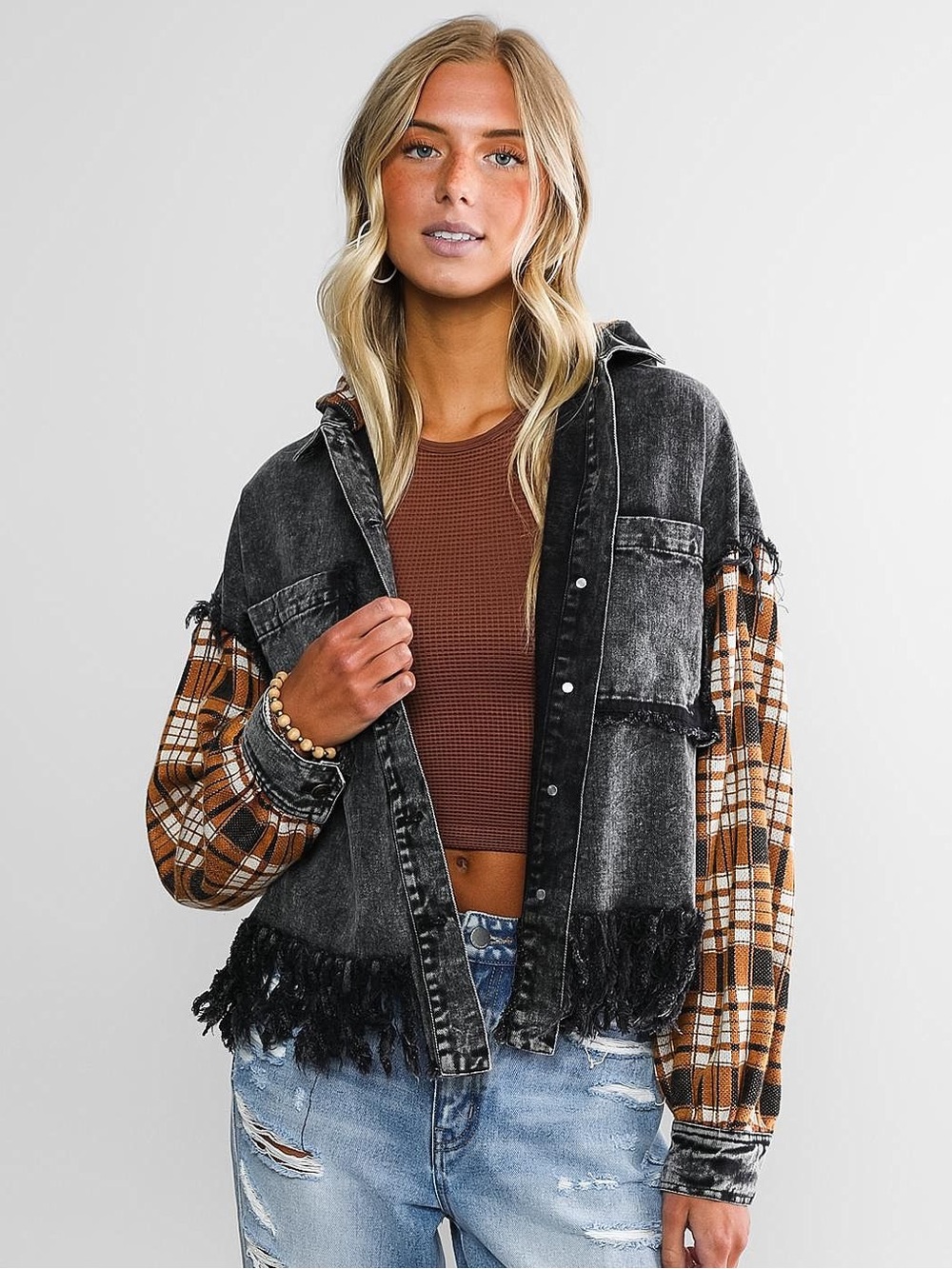Gilded Intent Plaid Denim Fringe Jacket